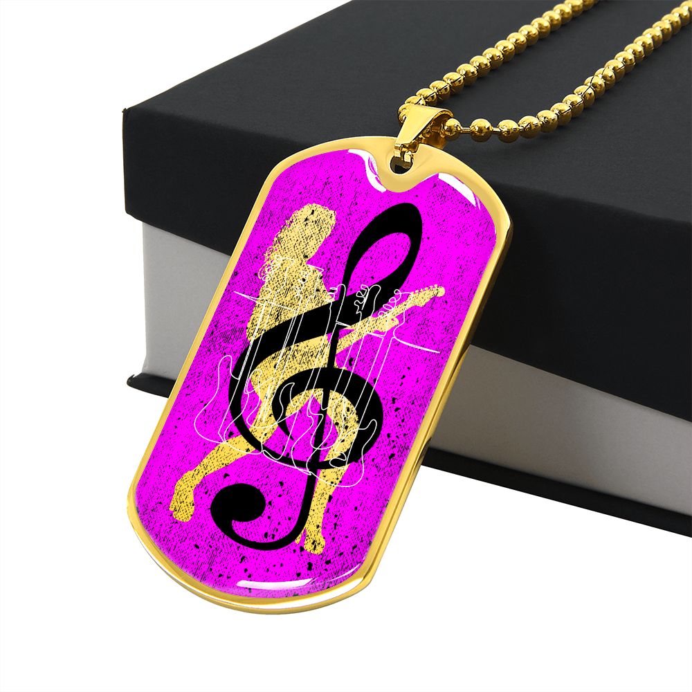 Dog Tag Necklace Pink | Female Guitarist Cutout | Bass Guitars | Black Clef