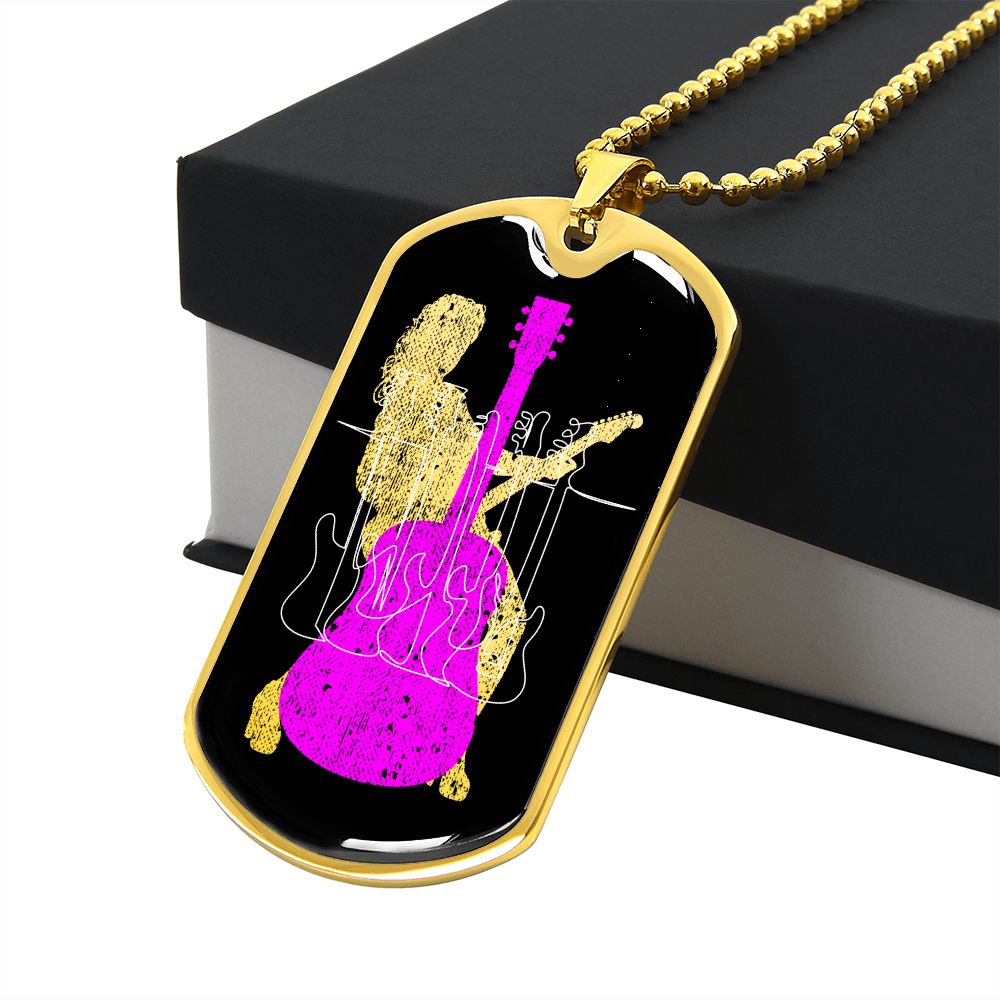 Dog Tag Necklace Black | Female Guitarist Cutout | Bass Guitars | Pink Acoustic Guitar