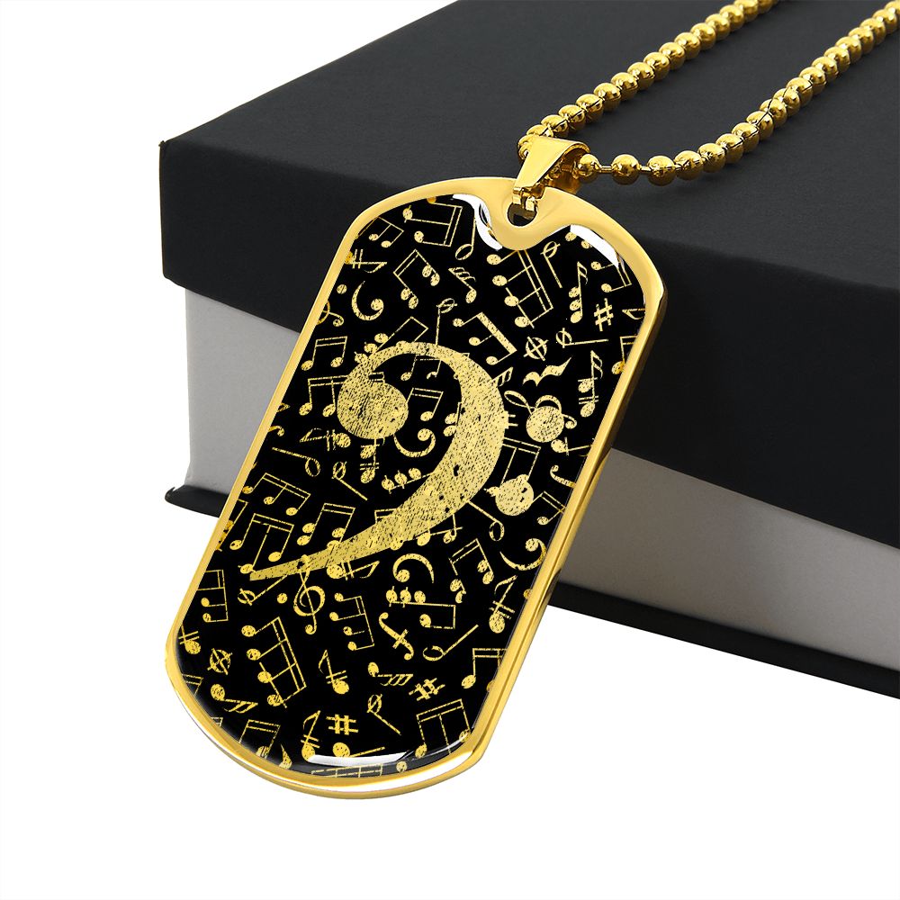 Dog Tag Necklace Black | Bass Clef Cutout | Music Notes | Distressed