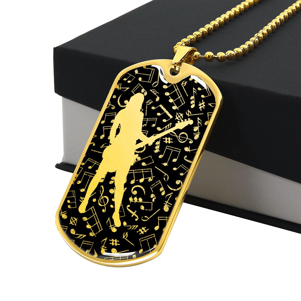 Dog Tag Necklace Black | Female Bassist Cutout | Music Notes Cutout