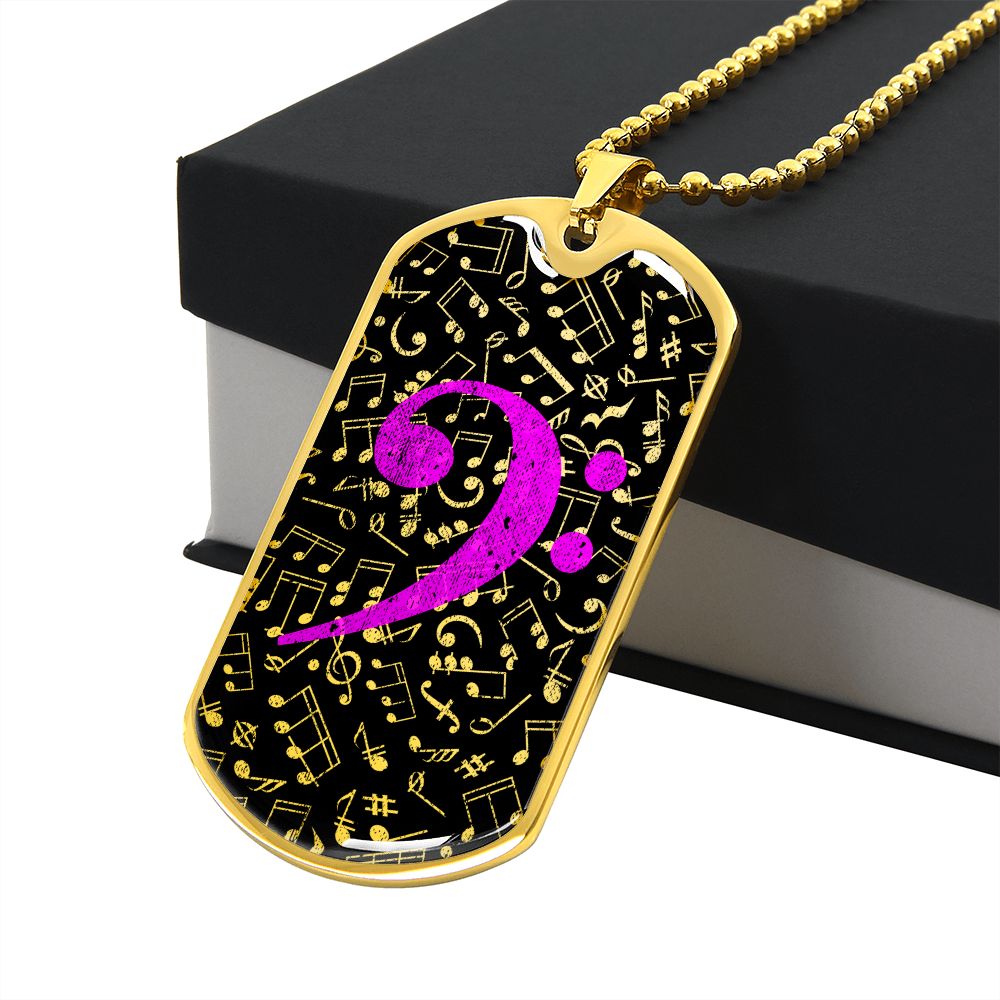 Dog Tag Necklace Black | Music Pattern Cutout | Pink Bass Clef
