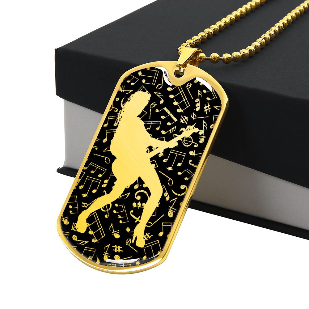 Dog Tag Necklace Black | Female Guitarist Cutout | Music Notes Cutout