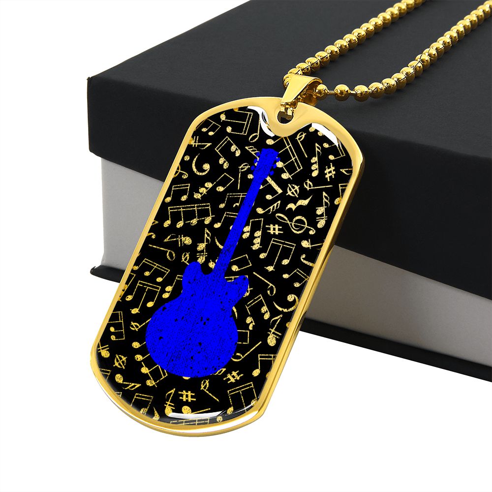 Dog Tag Necklace Black | Music Pattern Cutout | Blue Guitar