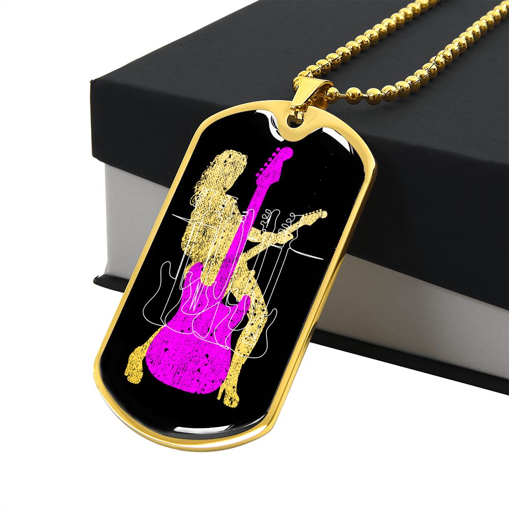 Dog Tag Necklace Black | Female Guitarist Cutout | Bass Guitars | Pink Electric Guitar