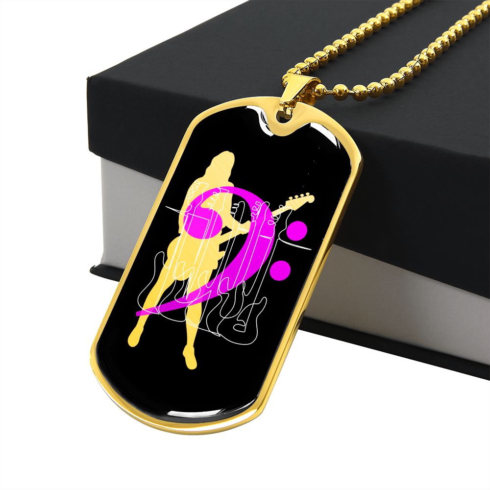 Dog Tag Necklace Black | Female Bassist Cutout | Bass Guitars | Pink Bass Clef