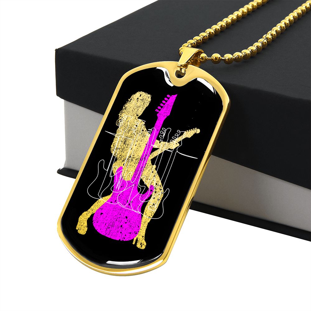 Dog Tag Necklace Black | Female Guitarist Cutout | Bass Guitars | Pink Guitar