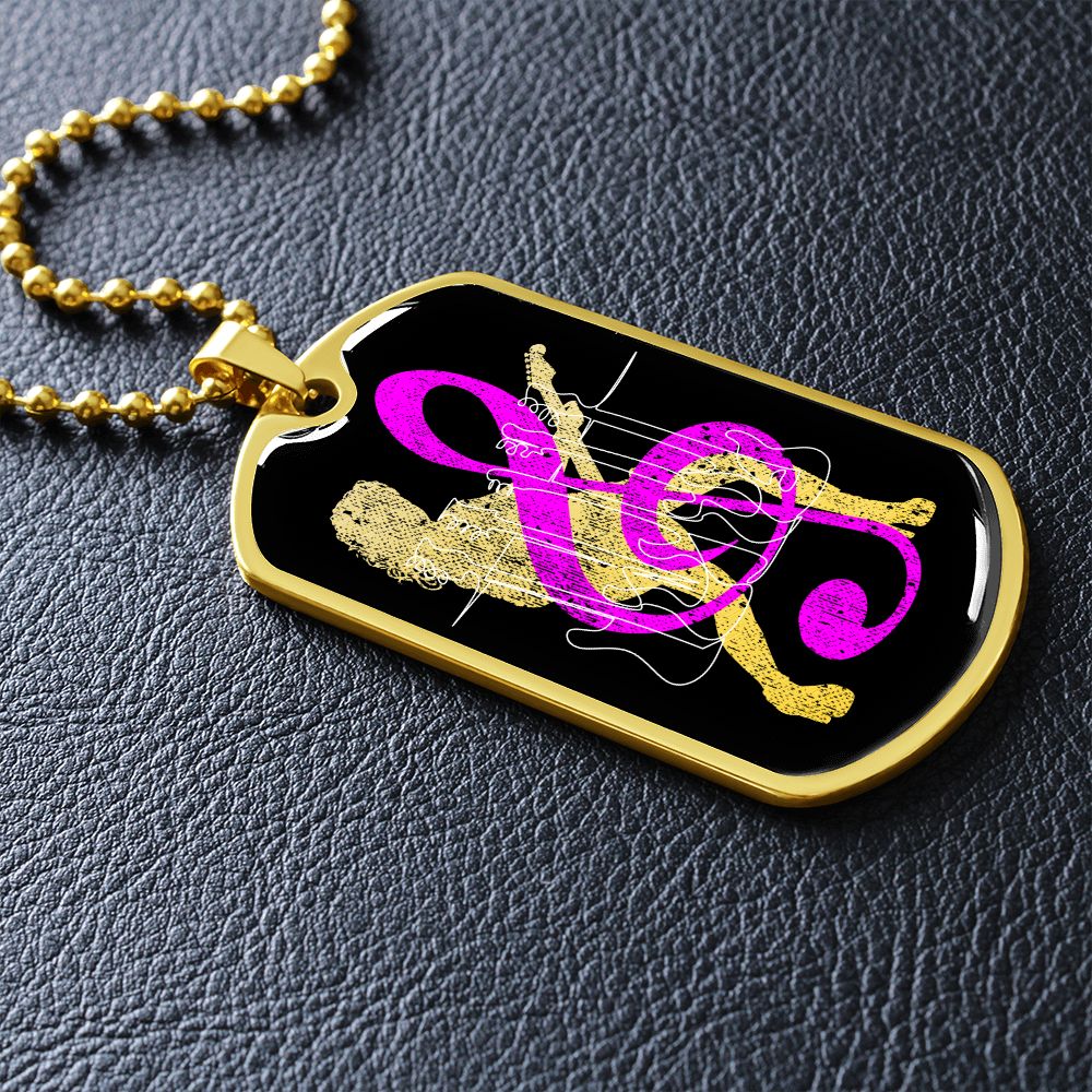 Dog Tag Necklace Black | Female Guitarist Cutout | Bass Guitars | Pink Clef
