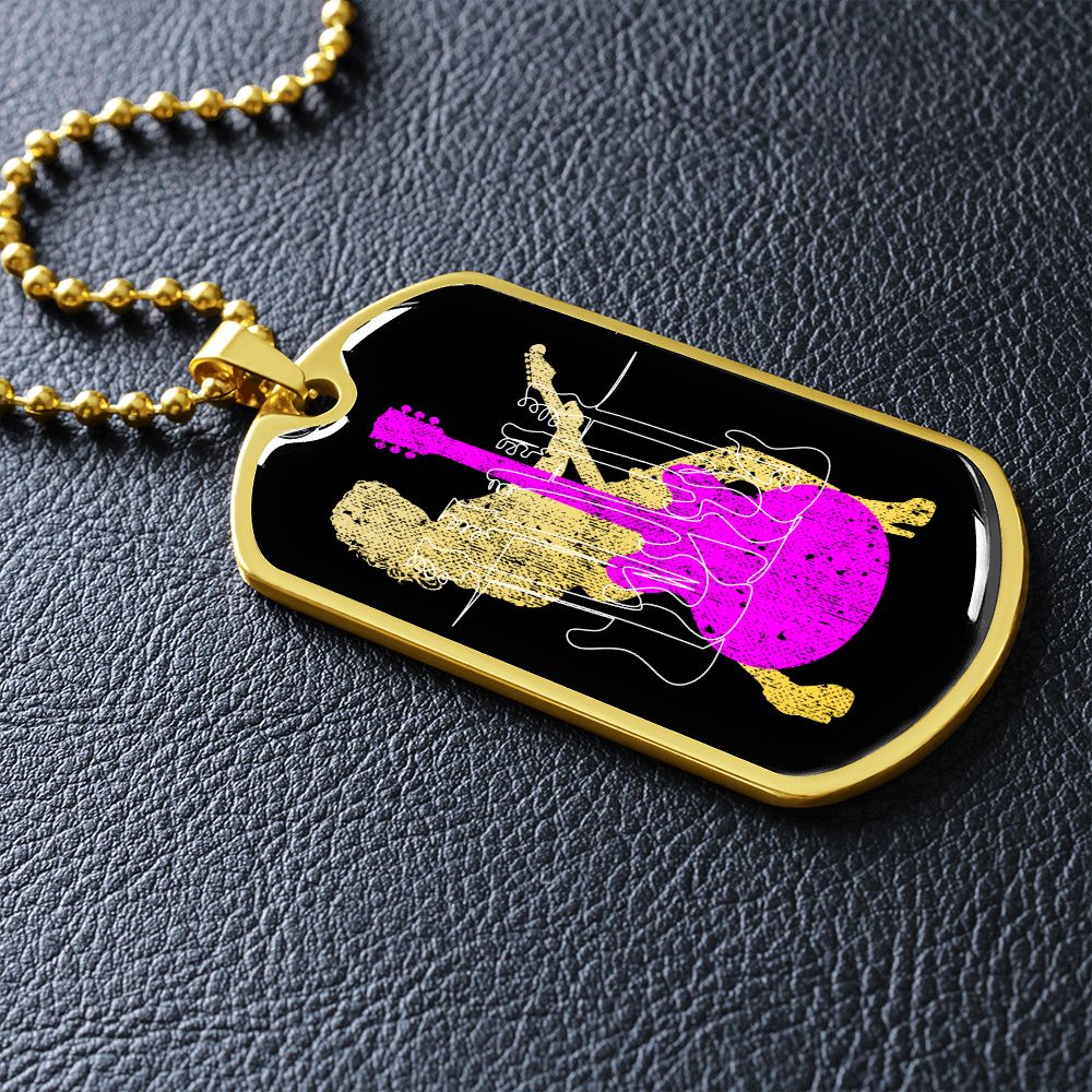 Dog Tag Necklace Black | Female Guitarist Cutout | Bass Guitars | Pink Guitar