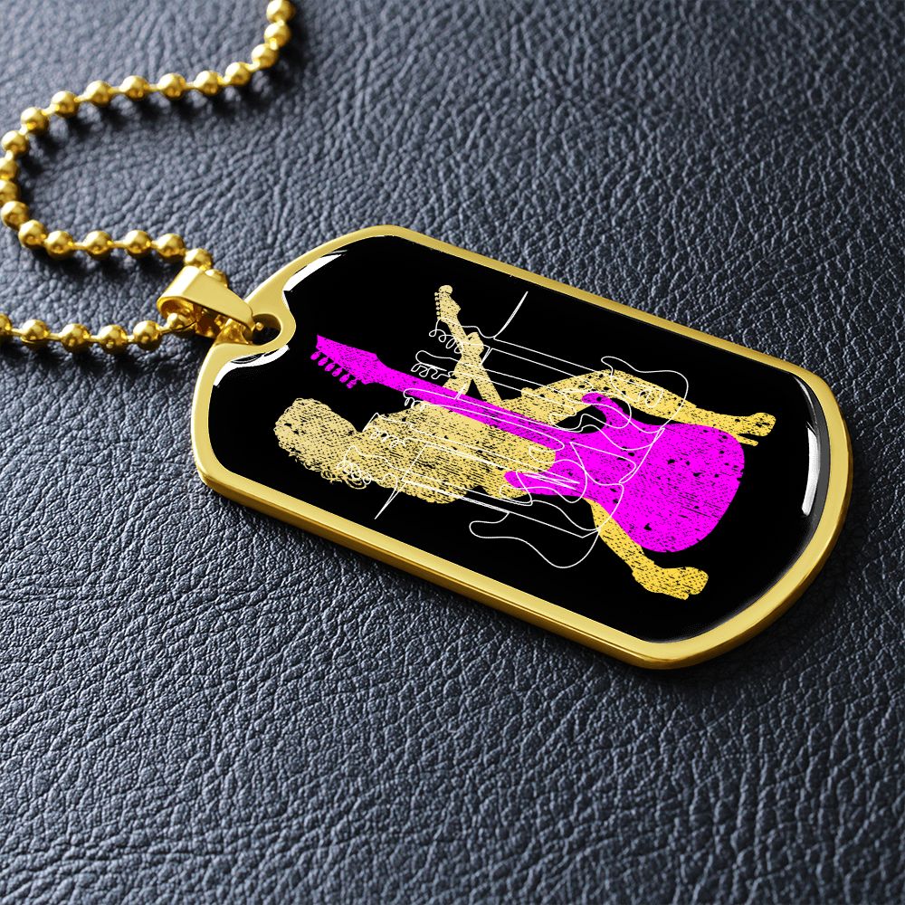 Dog Tag Necklace Black | Female Guitarist Cutout | Bass Guitars | Pink Guitar
