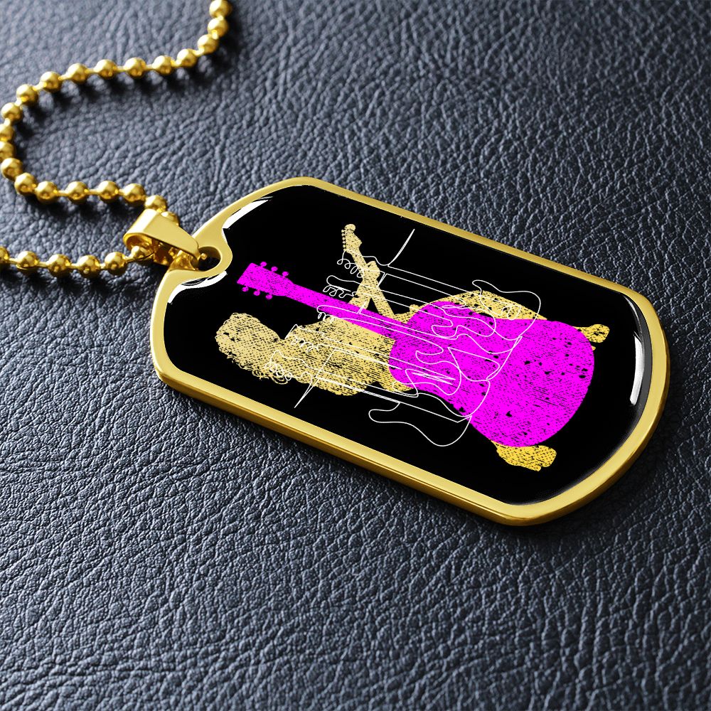 Dog Tag Necklace Black | Female Guitarist Cutout | Bass Guitars | Pink Acoustic Guitar