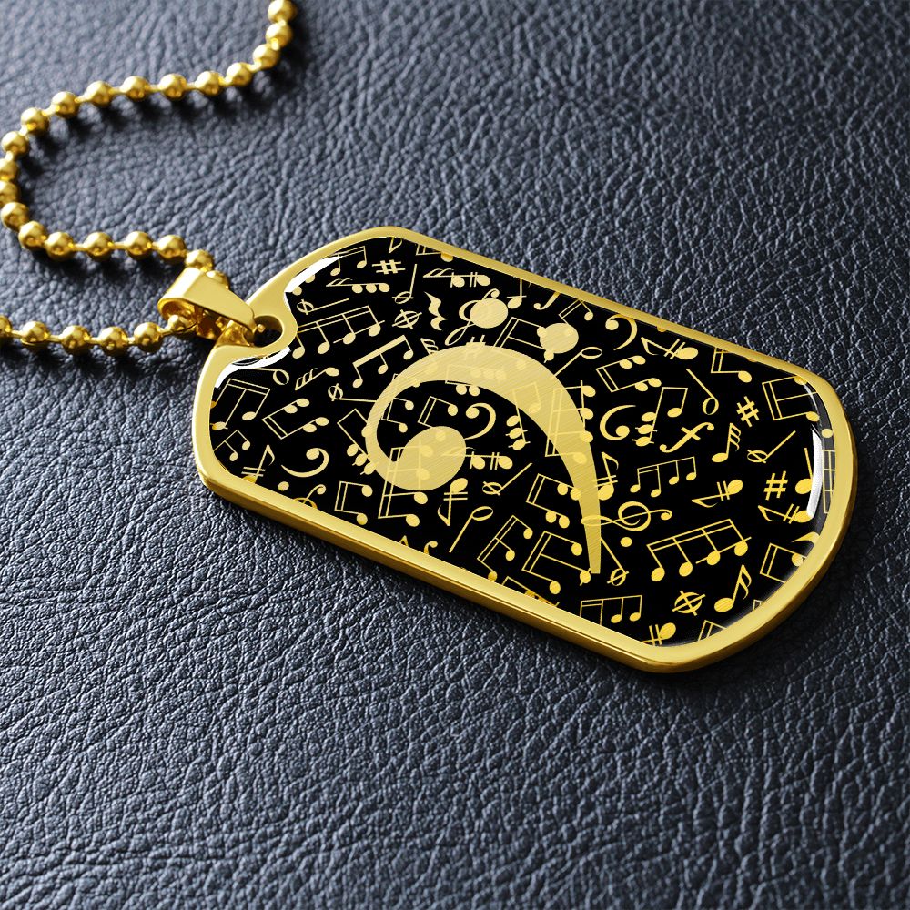Dog Tag Necklace Black | Bass Clef Cutout | Music Notes