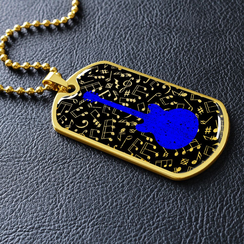 Dog Tag Necklace Black | Music Pattern Cutout | Blue Guitar