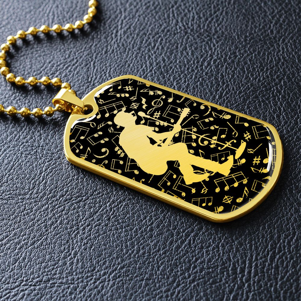 Dog Tag Necklace Black | Male Guitarist Cutout | Music Notes Cutout