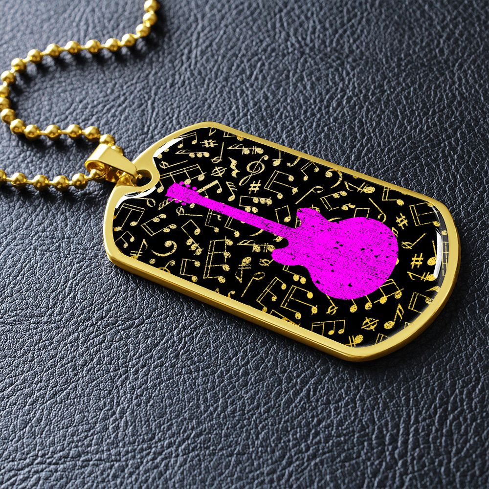 Dog Tag Necklace Black | Music Pattern Cutout | Pink Guitar