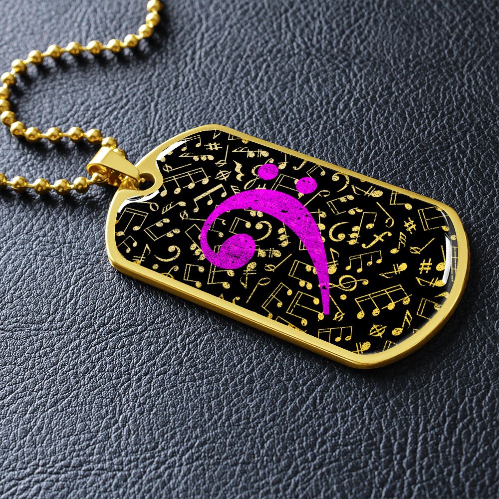 Dog Tag Necklace Black | Music Pattern Cutout | Pink Bass Clef