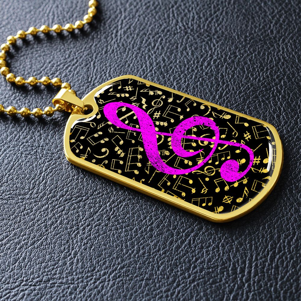Dog Tag Necklace Black | Music Pattern Cutout | Pink Clef