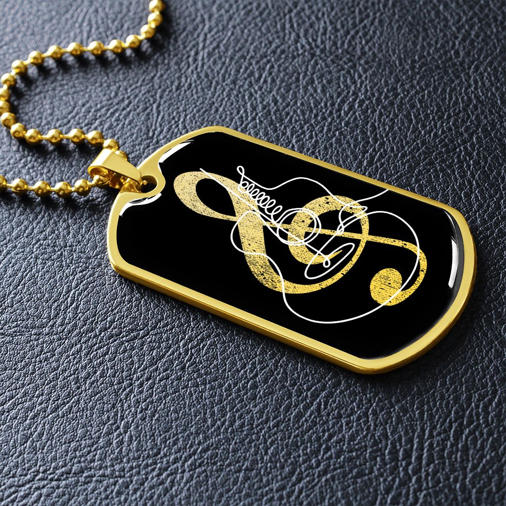 Dog Tag Necklace Black | G-clef Cutout | Guitar | Distressed