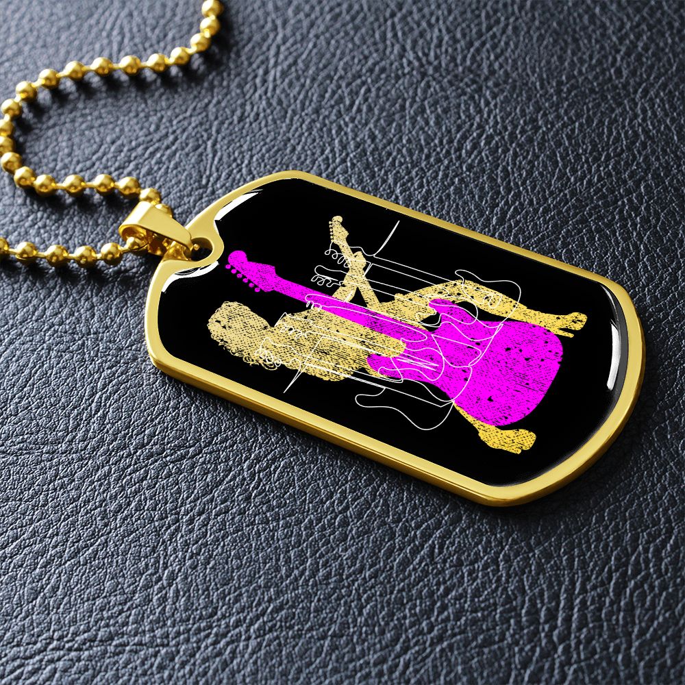 Dog Tag Necklace Black | Female Guitarist Cutout | Bass Guitars | Pink Electric Guitar