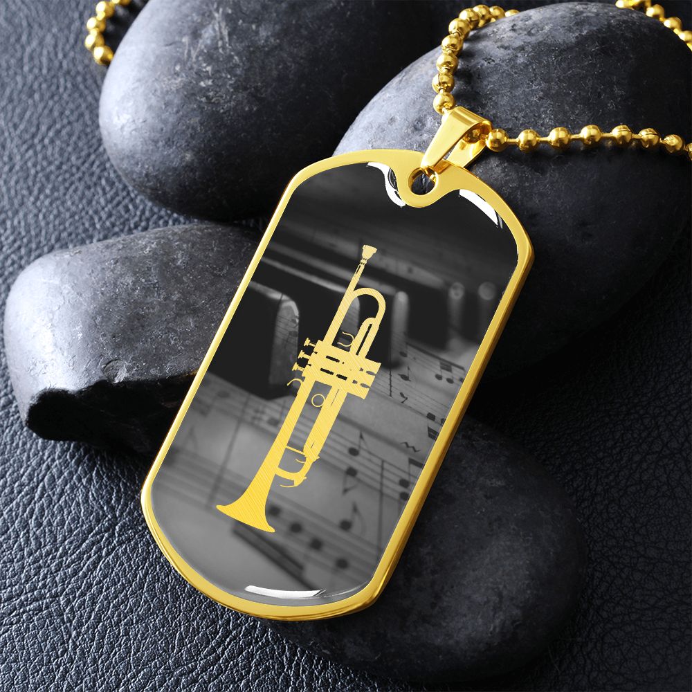 Dog Tag Necklace | Trumpet Cutout Piano Sheet Music Greyscale