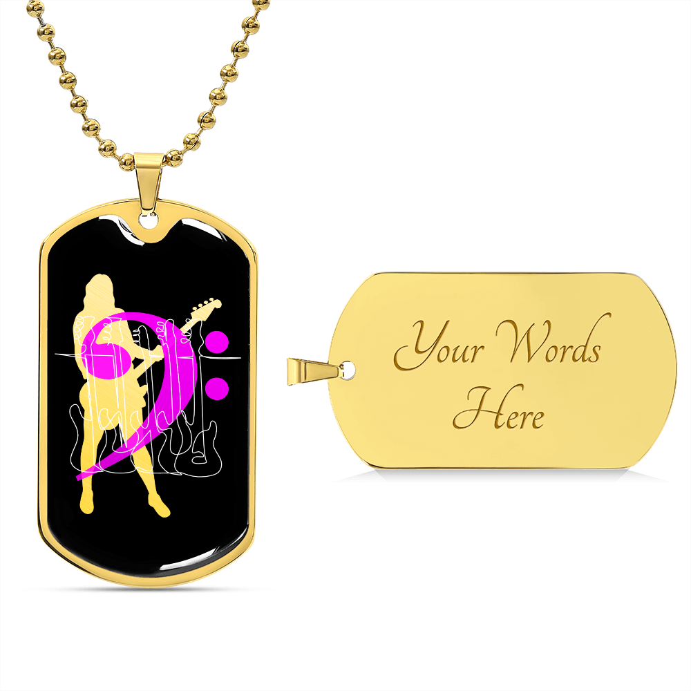 Dog Tag Necklace Black | Female Bassist Cutout | Bass Guitars | Pink Bass Clef