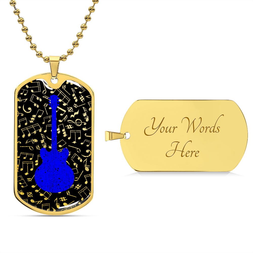 Dog Tag Necklace Black | Music Pattern Cutout | Blue Guitar