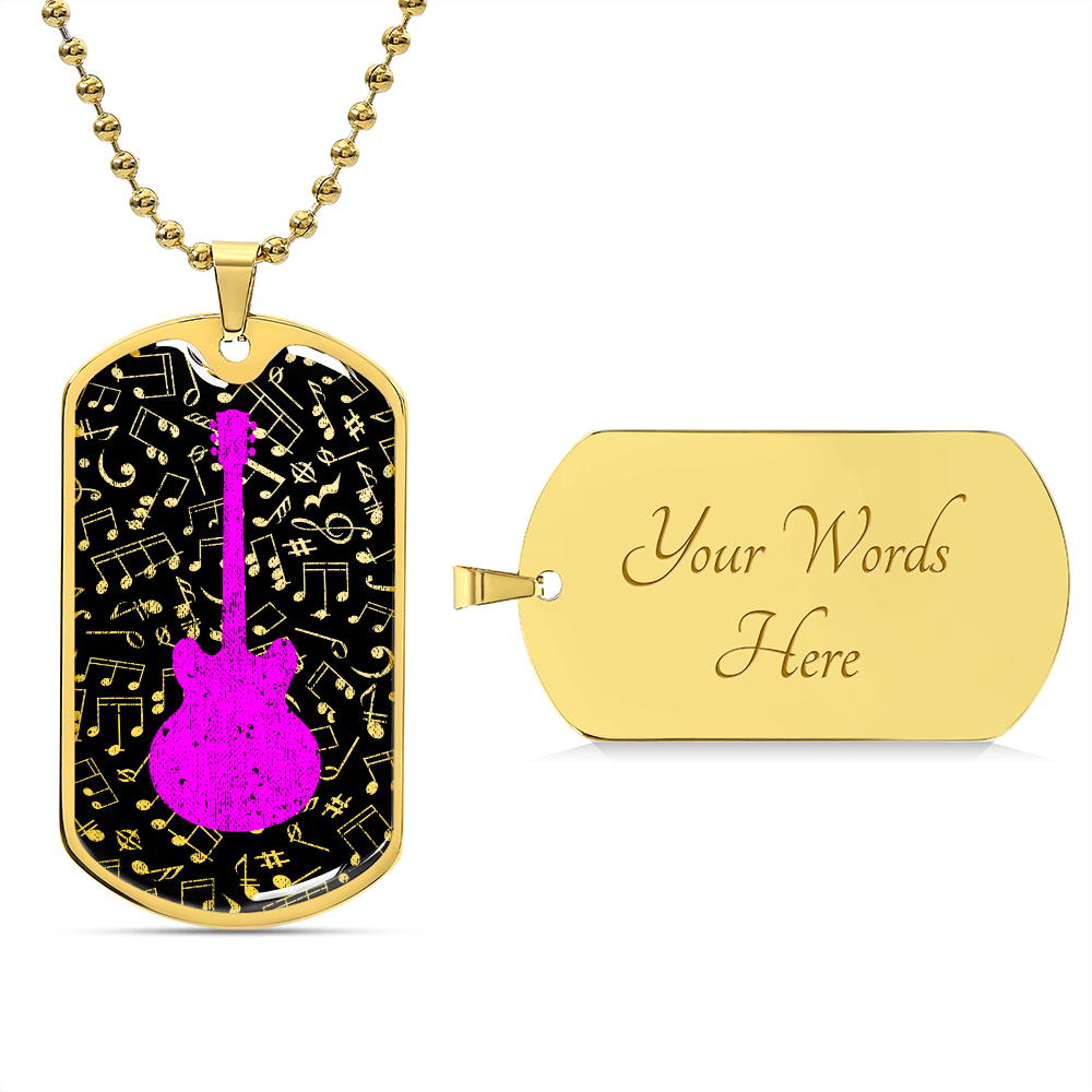 Dog Tag Necklace Black | Music Pattern Cutout | Pink Guitar