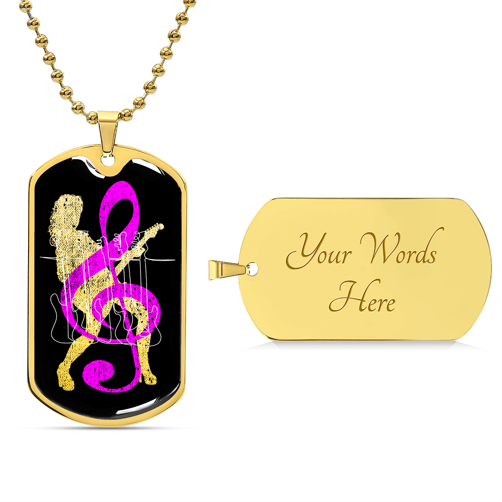 Dog Tag Necklace Black | Female Guitarist Cutout | Bass Guitars | Pink Clef