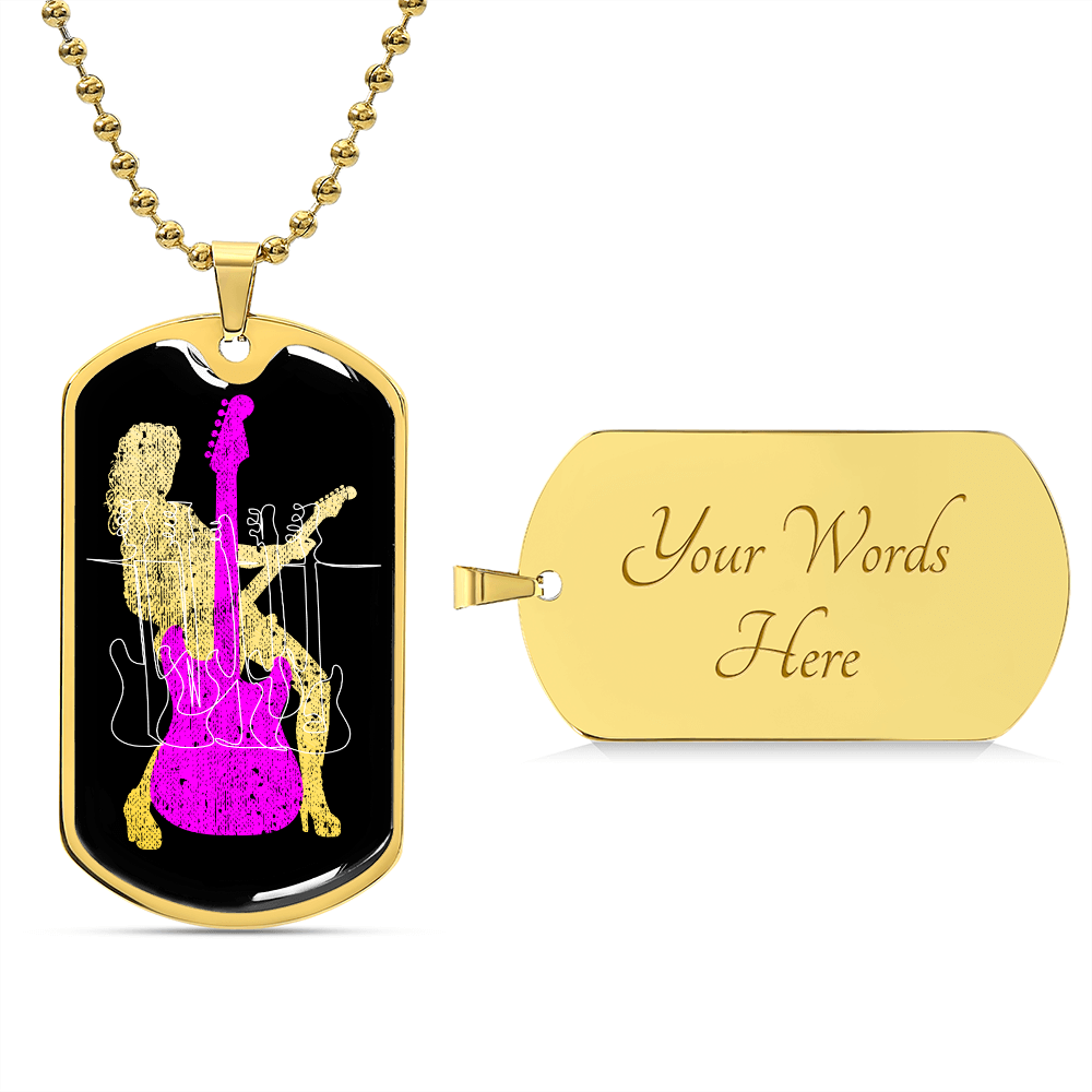 Dog Tag Necklace Black | Female Guitarist Cutout | Bass Guitars | Pink Electric Guitar