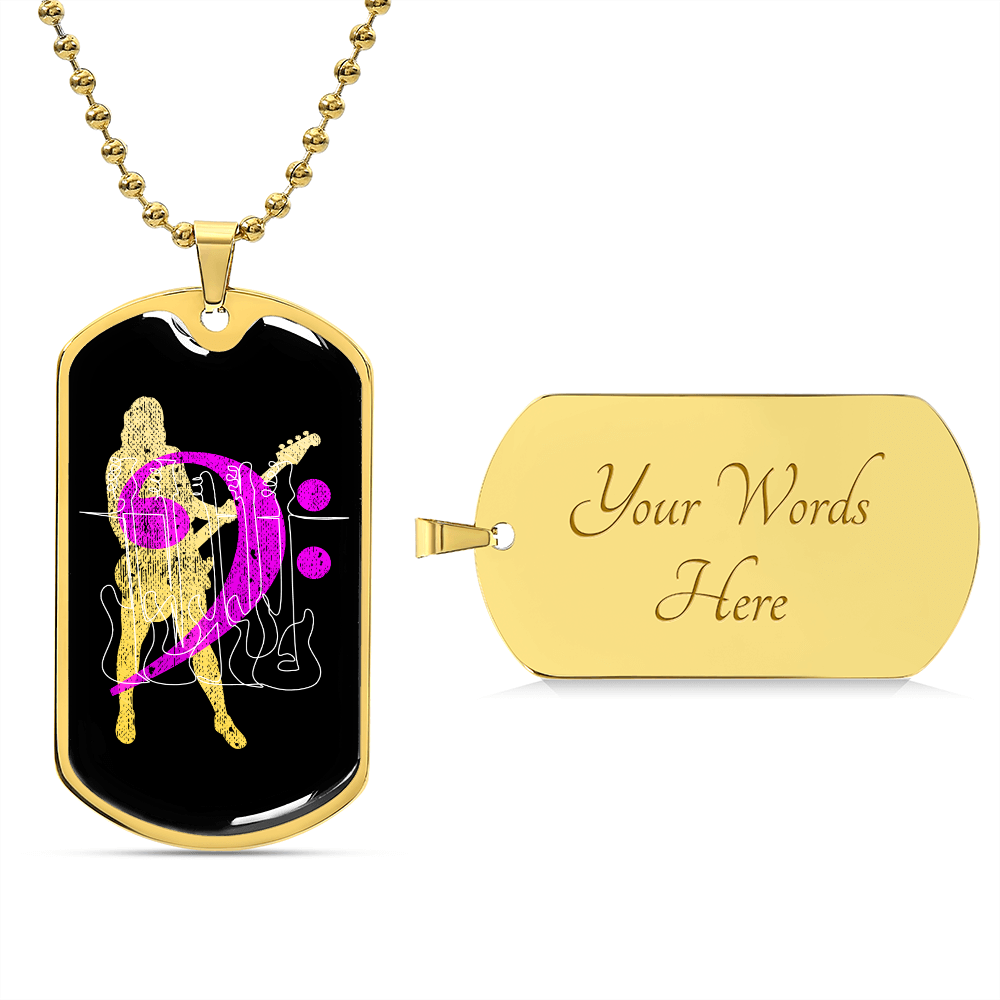 Dog Tag Necklace Black | Female Bassist Cutout | Bass Guitars | Pink Bass Clef | Distressed