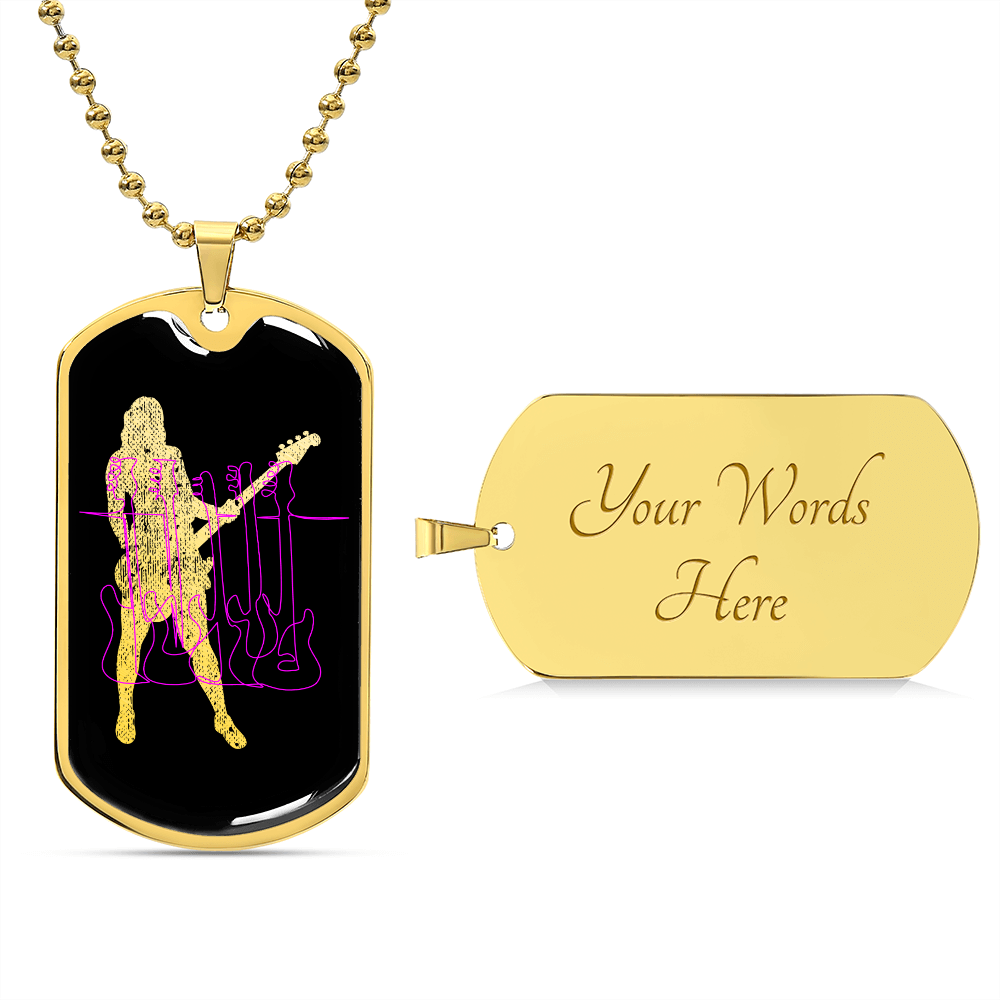 Dog Tag Black Necklace | Female Bassist Cutout | Pink Bass Guitars | Pink Bass Clef | Distressed