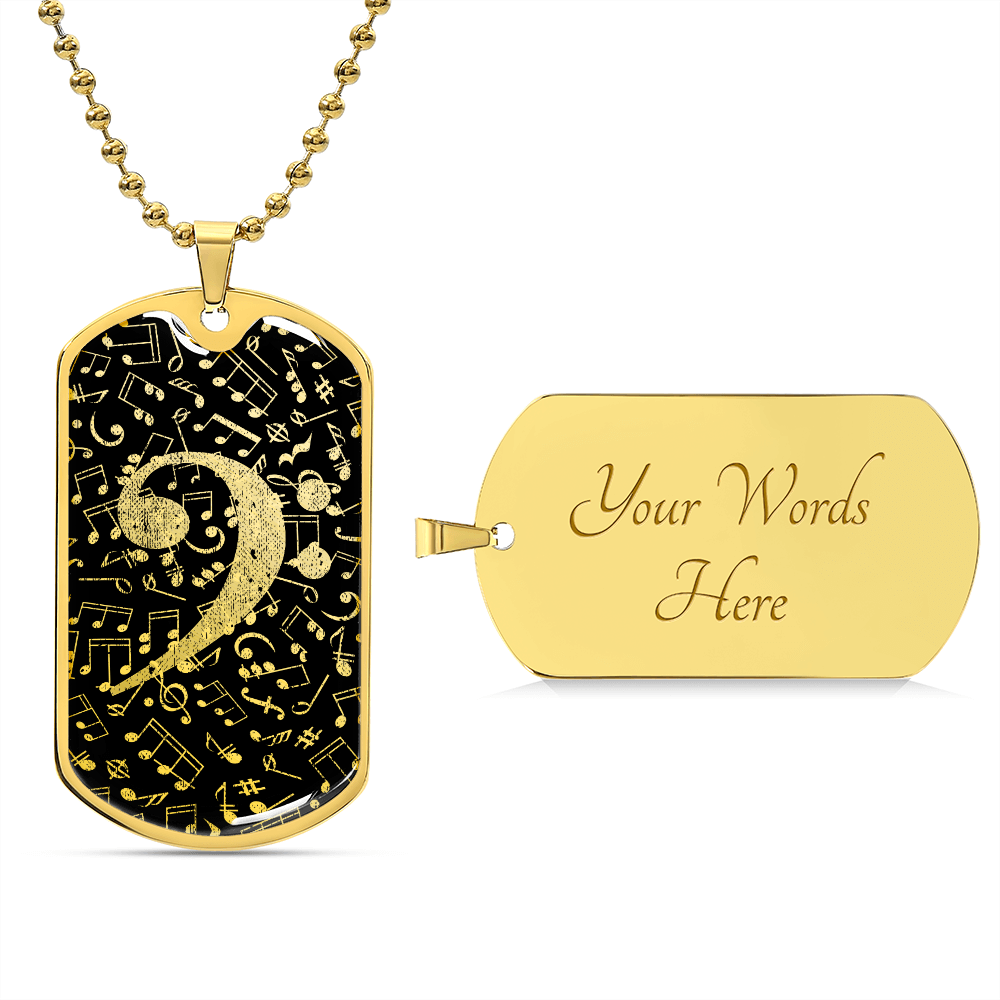 Dog Tag Necklace Black | Bass Clef Cutout | Music Notes | Distressed