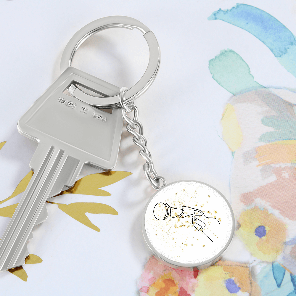Microphone Gold Stars | Circle Pendant Keychain | Gift for Singer