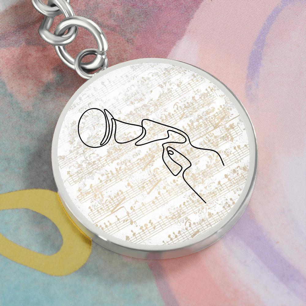 Microphone Sheet Music | Circle Pendant Keychain | Gift for Singer