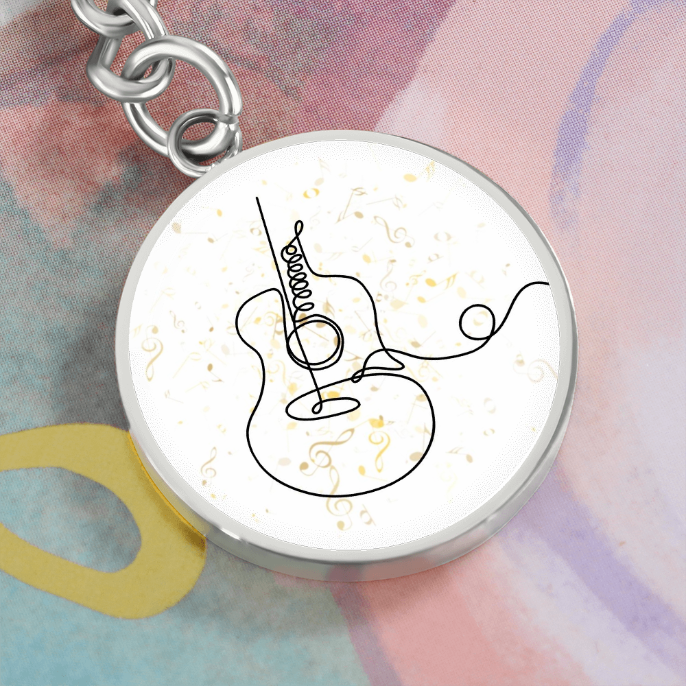 Acoustic Guitar Music Notes | Circle Pendant Keychain | Gift for Guitarist