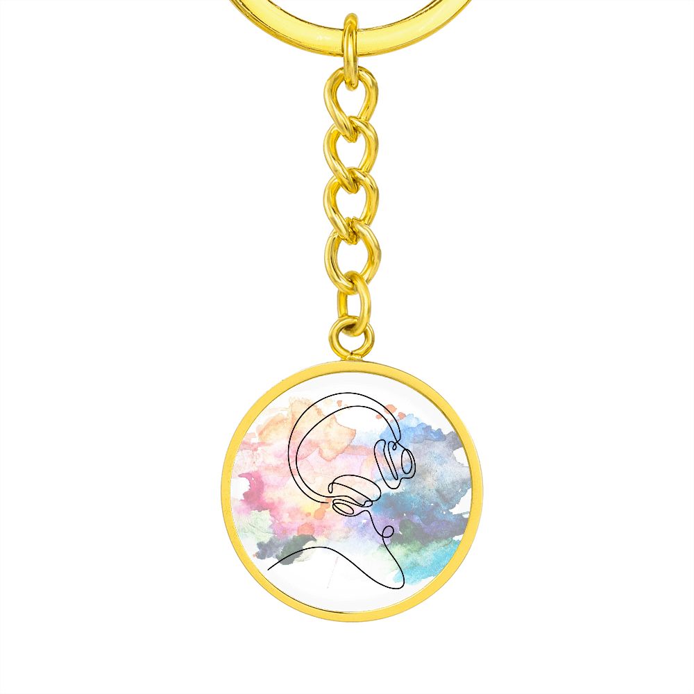 Head Phones Colorful Circle Pendant Keychain—a unique personalized gift for music lovers, featuring a minimalist line drawing of a person with headphones on a pastel background.