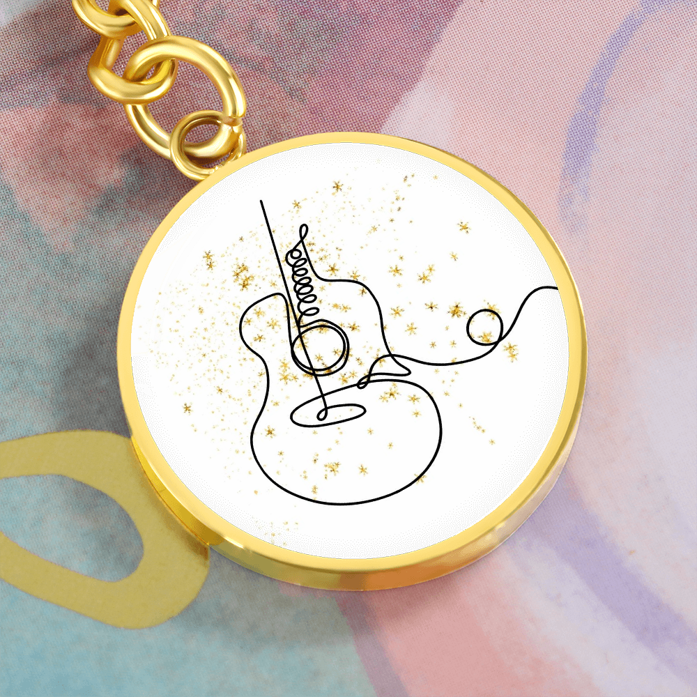 Acoustic Guitar Gold Stars | Circle Pendant Keychain | Gift for Guitarist