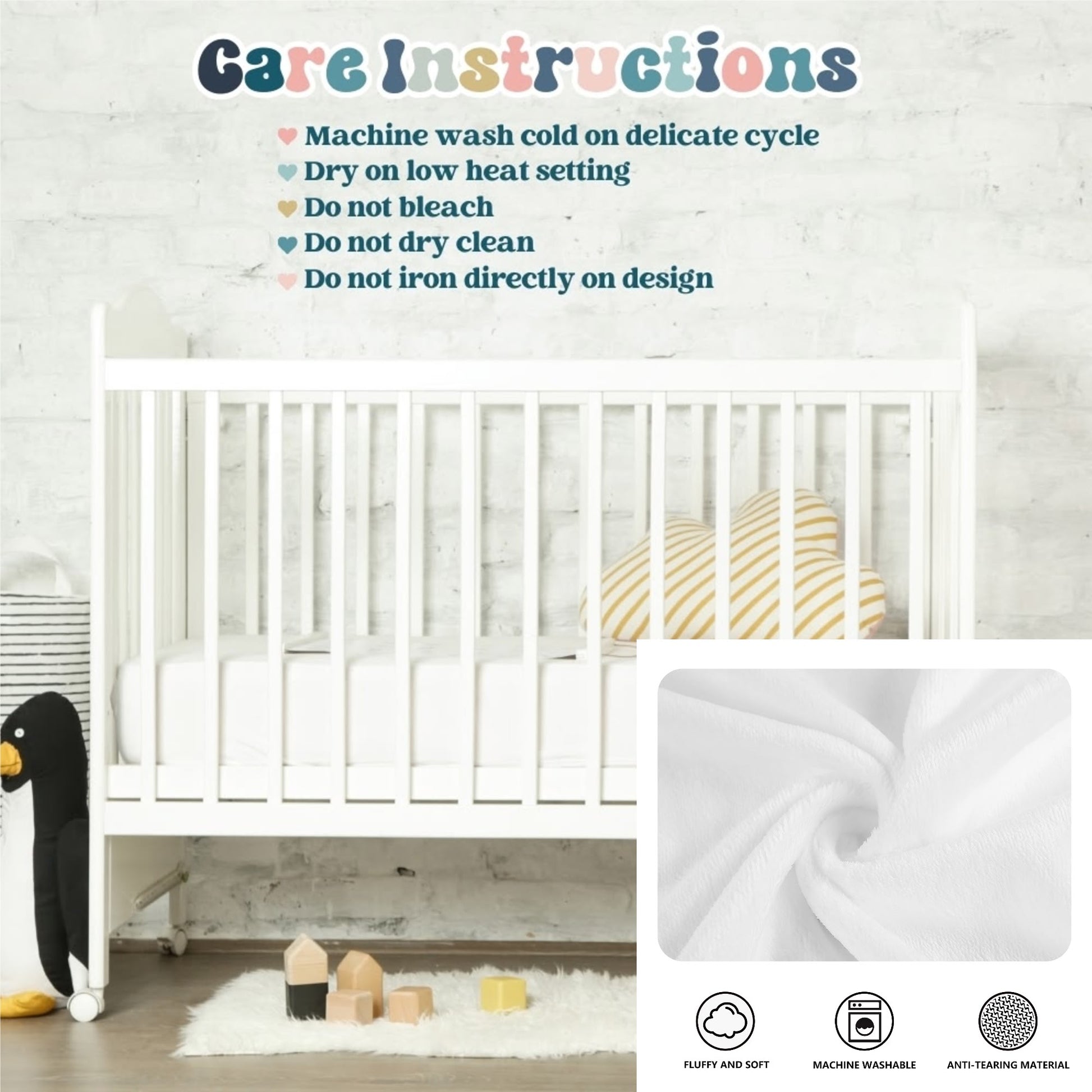 A white baby crib in the nursery is beautifully accessorized with a Personalized Baby Name Blanket, elegantly draped and accompanied by care instructions. Nearby, a charming black penguin toy enhances the cozy atmosphere. The care instructions suggest machine washing and low heat drying. An inset highlights the blanket's white fabric adorned with icons indicating its features.