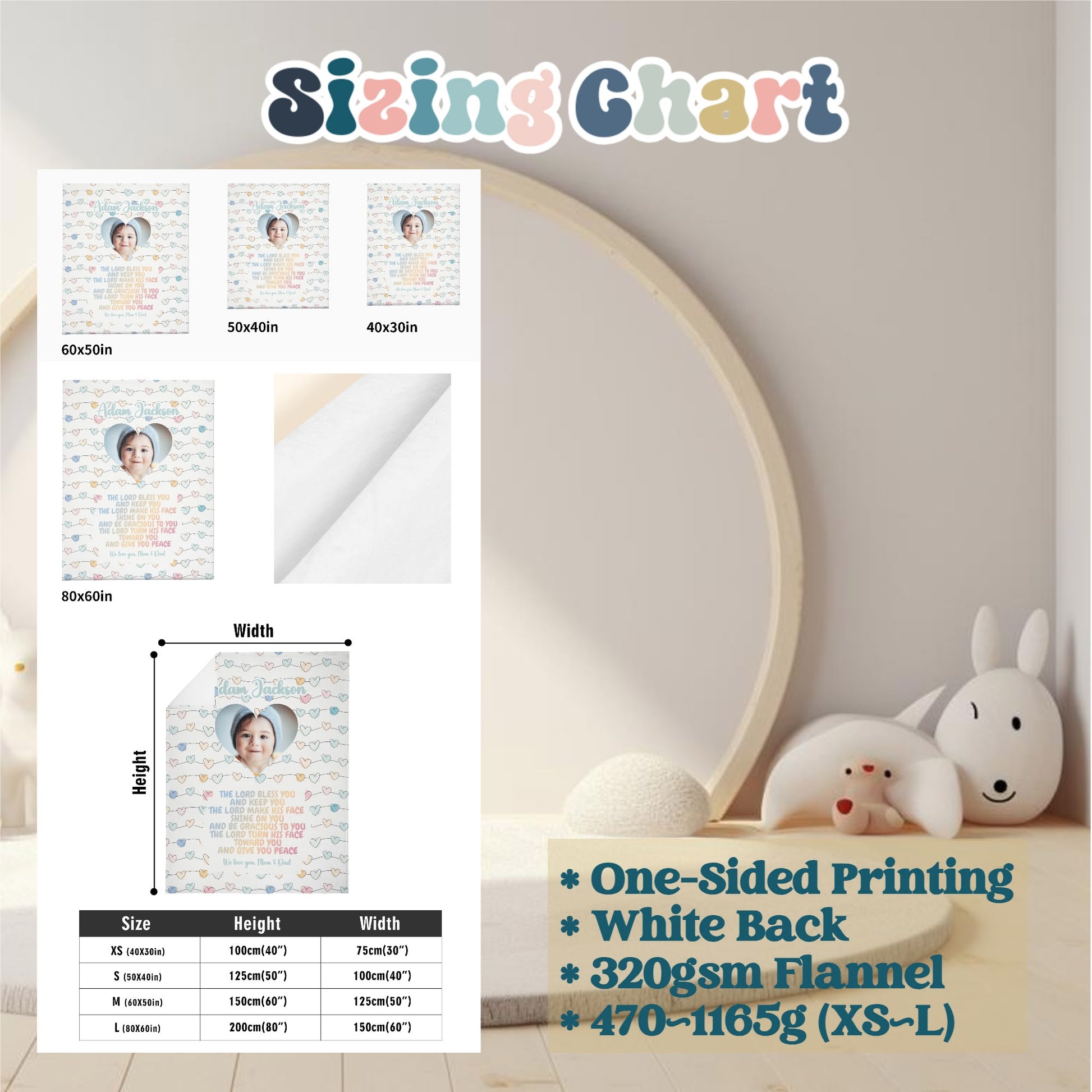 Discover our sizing chart for the Personalized Baby Name Blanket, available in sizes: 80x60 inches, 60x50 inches, and 50x40 inches. This custom photo blanket features one-sided printing with a white back and is made from cozy 320gsm flannel, weighing between 470-1165g (XS-L). The backdrop showcases plush toys on a shelf, making it an ideal gift for newborns, baptisms, baby showers, or Christmas.