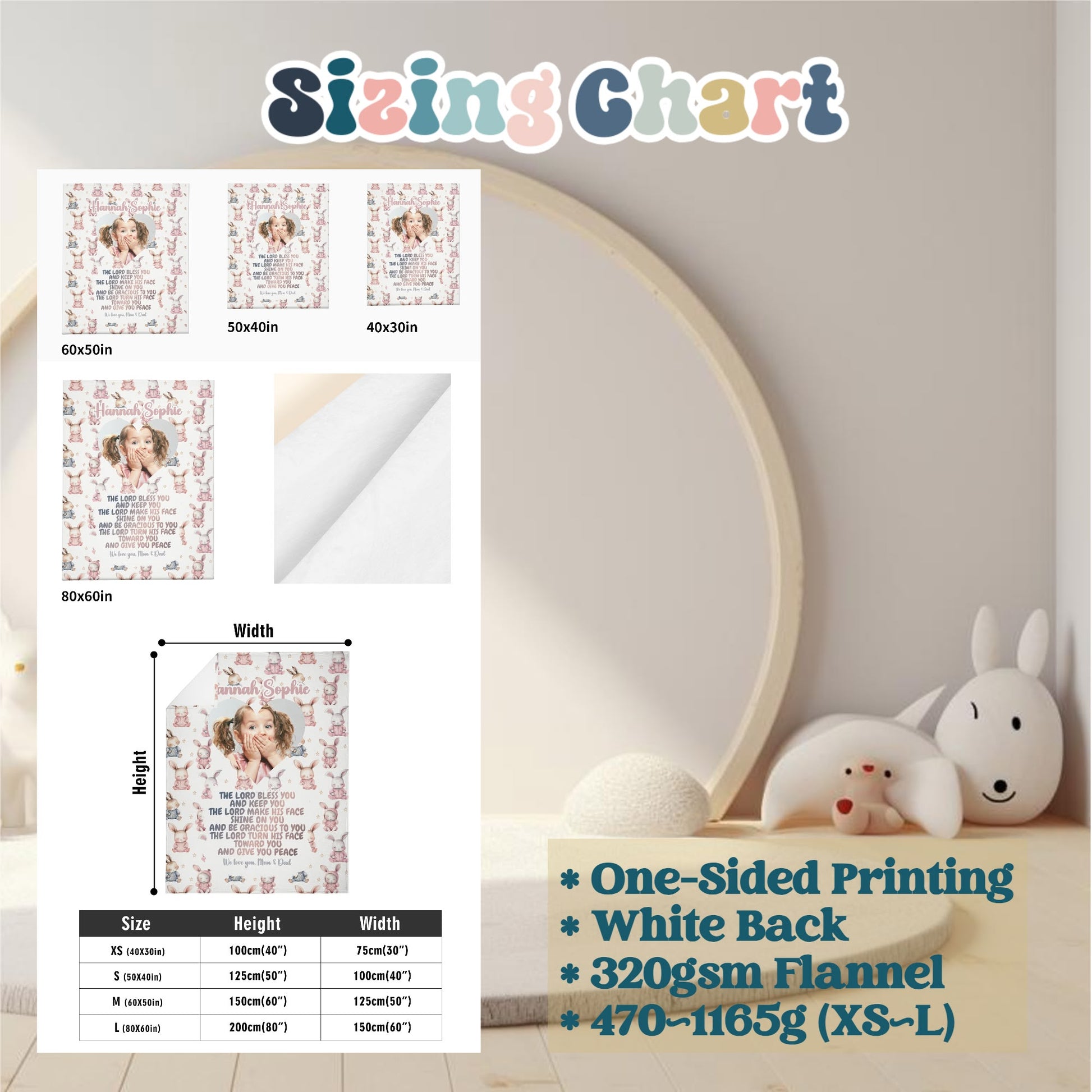 Find your ideal size with our blanket sizing chart, offering four options: 60x50in, 50x40in, 40x30in, and 80x60in. This Personalized Baby Name Blanket features a collage design with one-sided printing on soft flannel with a white back. Perfect as a unique custom photo blanket gift or a cherished Bible verse blanket for your little one.