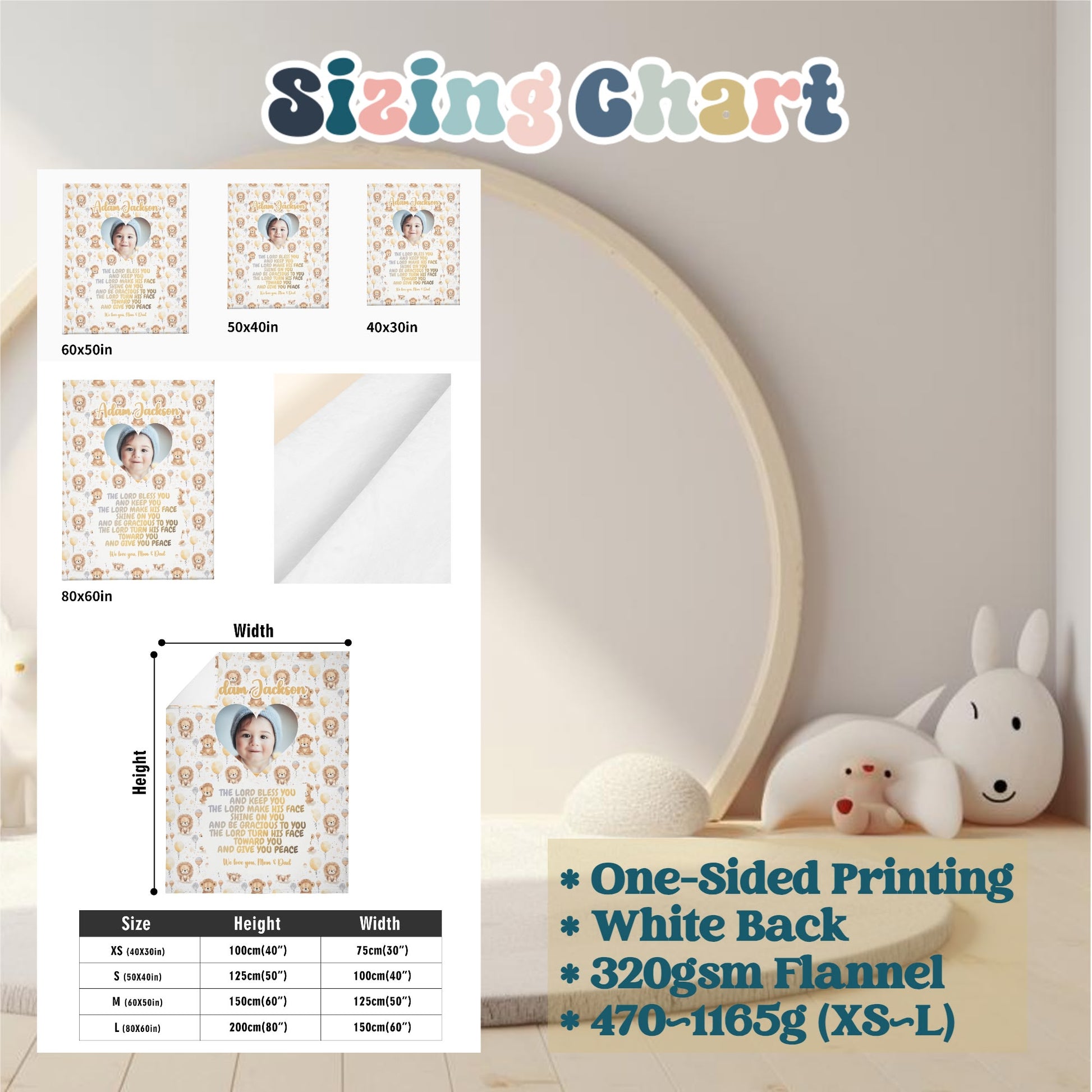 Explore our sizing chart for the Personalized Baby Name Blanket, which includes a photo for reference. Dimensions are available in 80x60in, 60x50in, and 40x30in. This custom photo blanket features a one-sided print with a white back and is made from 320gsm flannel, ranging in weight from 470 to 1165g. The design includes round decorative elements in the background.