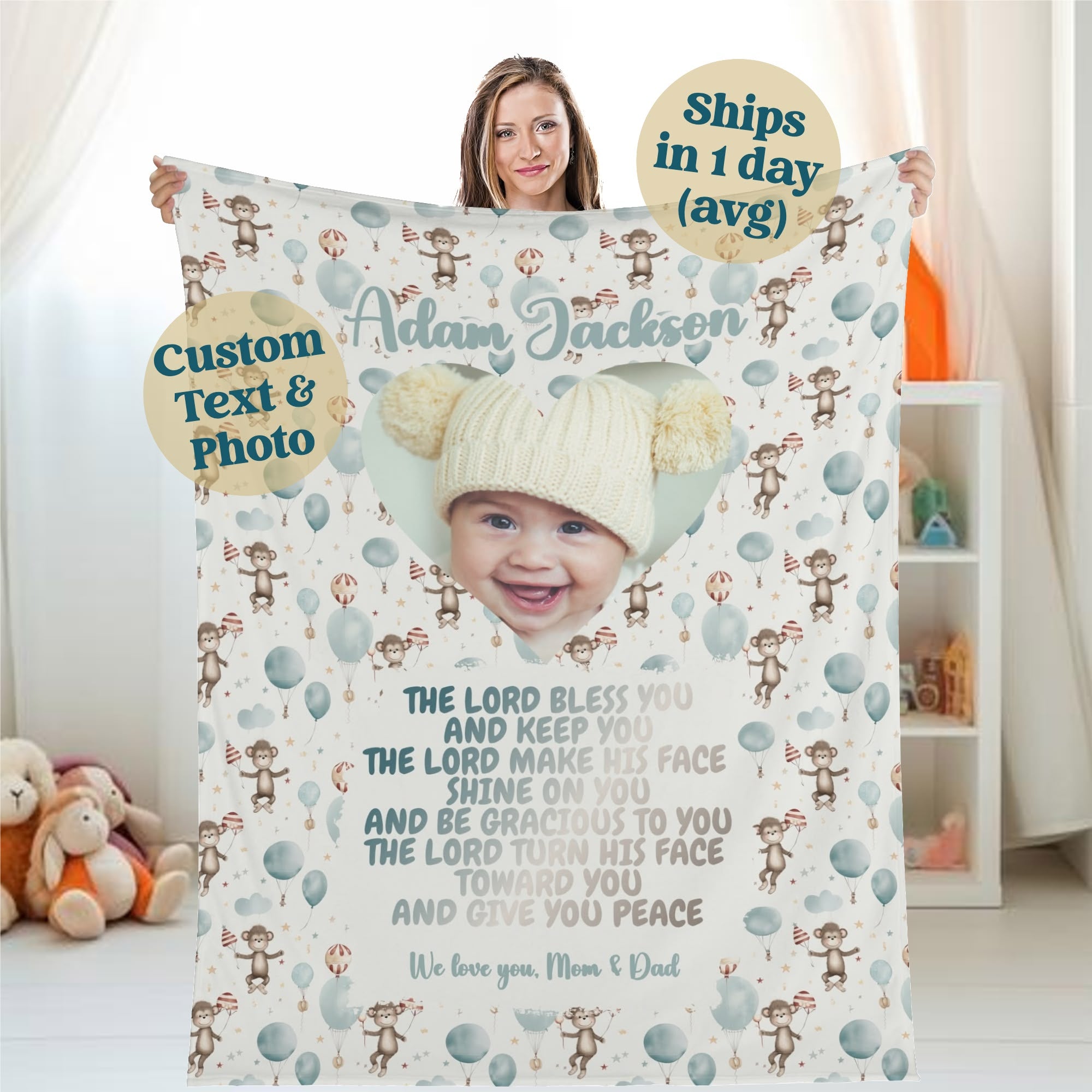 A woman holds a 'Personalized Baby Name Blanket,' customized with a photo of a smiling baby wearing a knitted hat. The playful design includes balloons and monkeys, along with personalized text about blessings. Details on the image emphasize the customization options and shipping information.