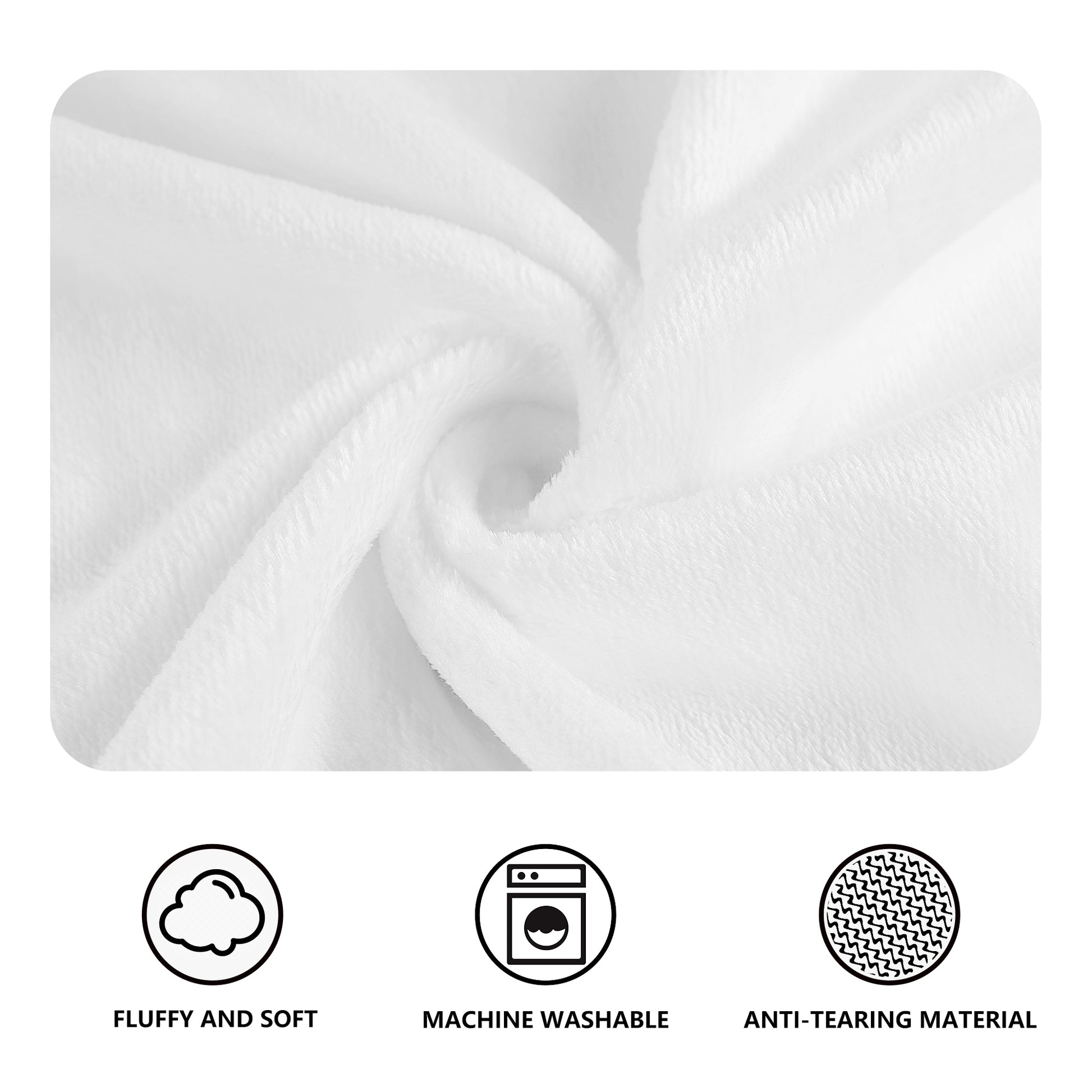 A close-up of the swirling white fleece fabric highlights its texture. Icons underneath illustrate its features: a cloud representing "Fluffy and Soft," a washing machine signifying "Machine Washable," and a woven pattern denoting "Anti-Tearing Material." Ideal as a personalized baby name blanket, custom photo blanket gift, or customized newborn name blanket for occasions like baptisms, baby showers, or Christmas.