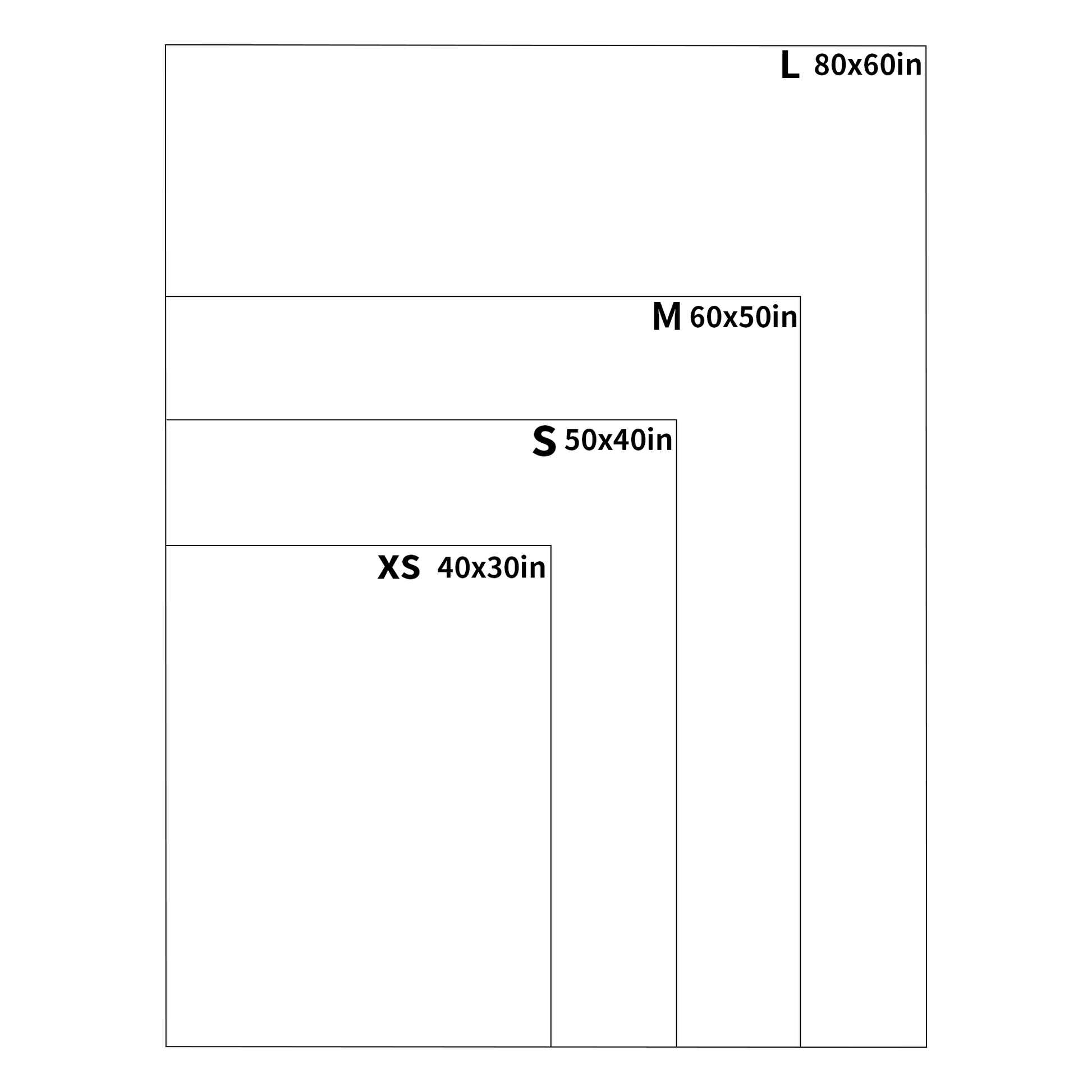 The chart showcases four different rectangular sizes for the Personalized Baby Name Blanket. The sizes are ordered from smallest to largest and labeled as XS (40x30 inches), S (50x40 inches), M (60x50 inches), and L (80x60 inches). These overlapping blankets provide a perfect opportunity to craft your own Customized Newborn Name Blanket, ideal as a Baptism or Baby Shower Gift, or even a Christmas Gift.