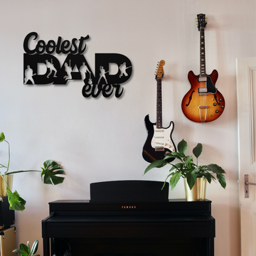Coolest DAD Ever Text Sign with Guitarist Figures | Metal Wall Art