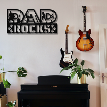 Dad Rocks Open Sign with Guitarist Figures | Metal Wall Art