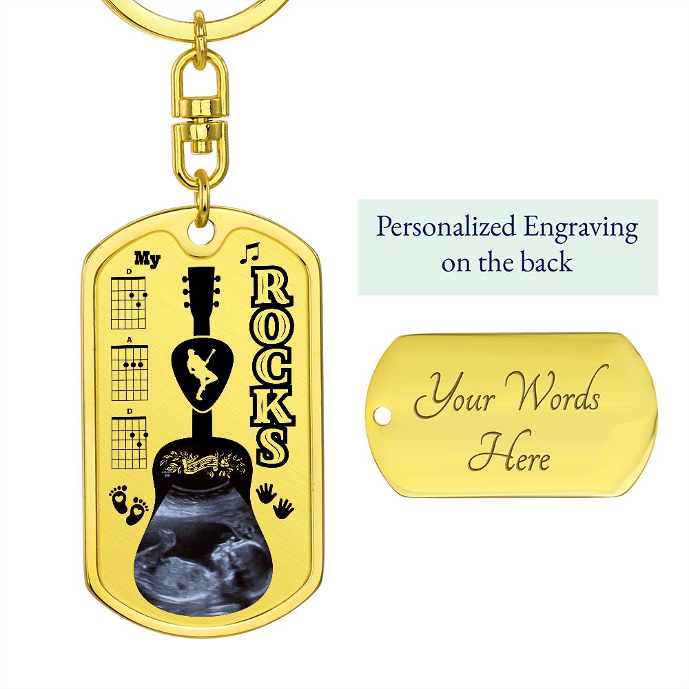My Dad Rocks Sonogram | Personalized Military Style Keychain for Guitar Dad