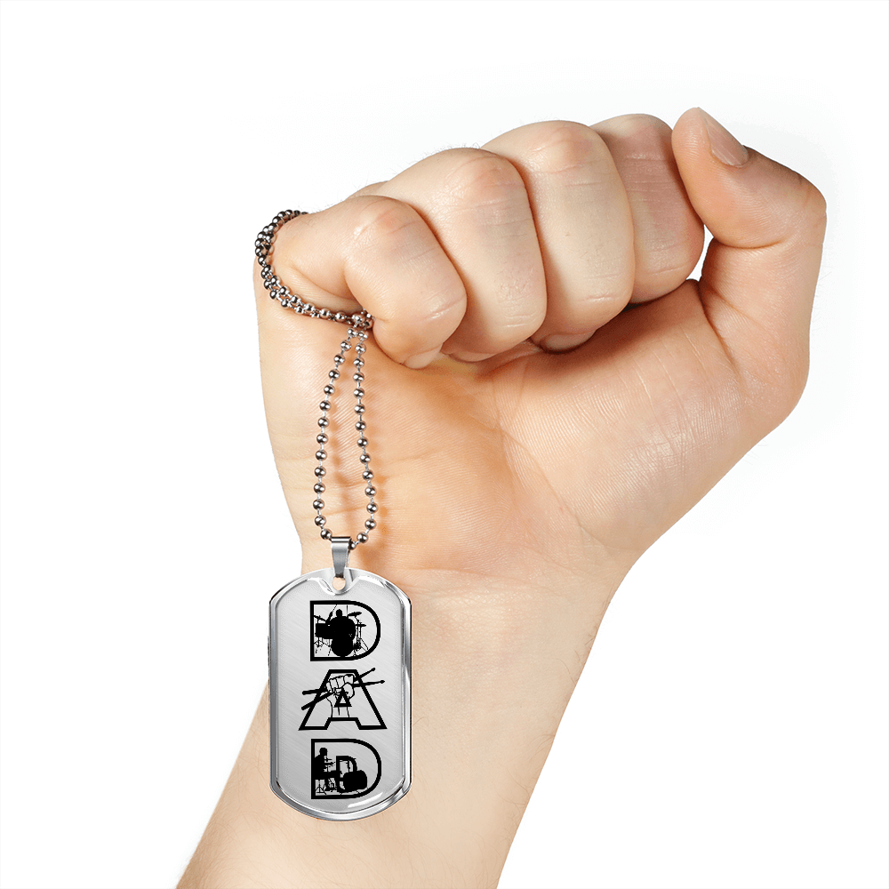 Dad Text with Drummer Figures Dog Tag Necklace for Drummer | Military Style Necklace SDT-DTD-0117