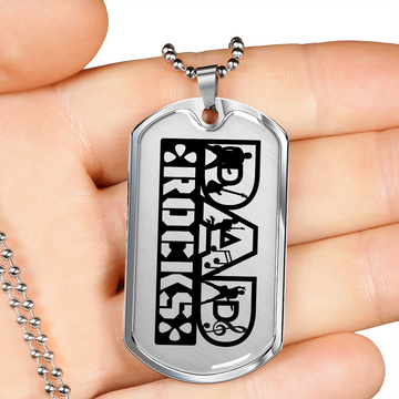 Dad Rocks Text with Guitarist Figures Dog Tag Necklace for Guitarist | Military Style Necklace SDT-DTD-0113