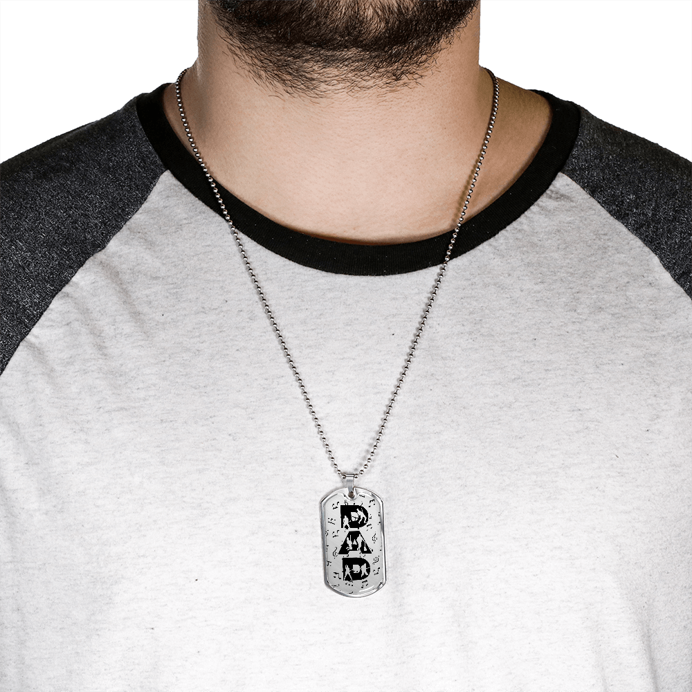Dad Text with Guitarist Figures and Music Notes Dog Tag Necklace for Guitarist | Military Style Necklace SDT-DTD-0106