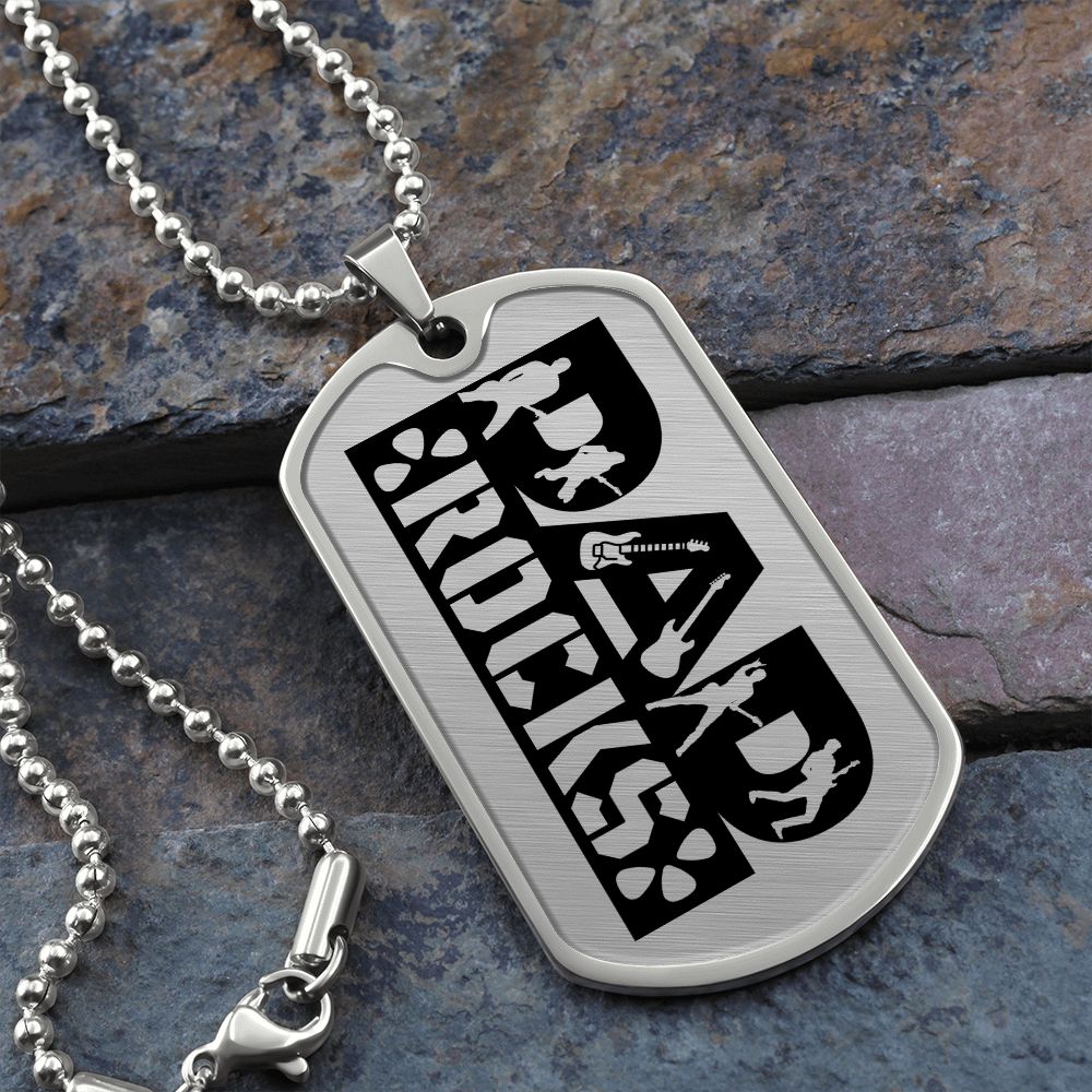Dad Rocks Text with Guitarist Figures Dog Tag Necklace for Guitarist | Military Style Necklace SDT-DTD-0114